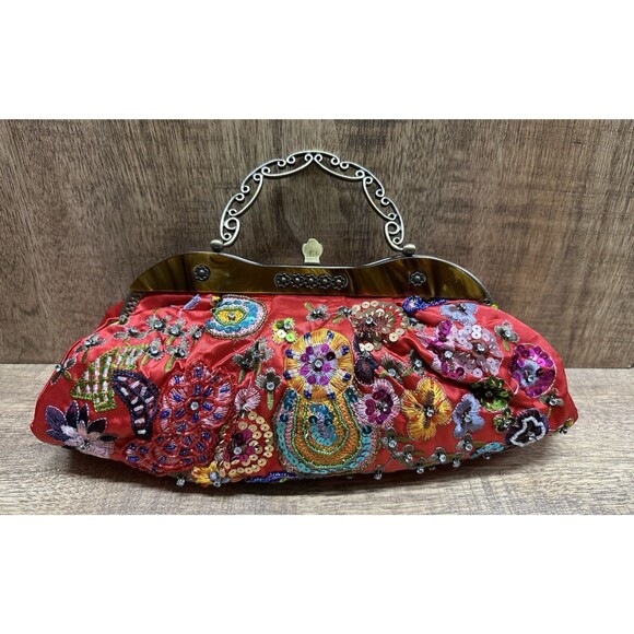 Y2K - Vintage red beaded embroidered purse with top handle and crossbody chain - Picture 2 of 14